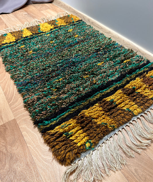 Vintage Rya Rug - Textured Green & Gold | 2'0 x 3'6 Velour Haven