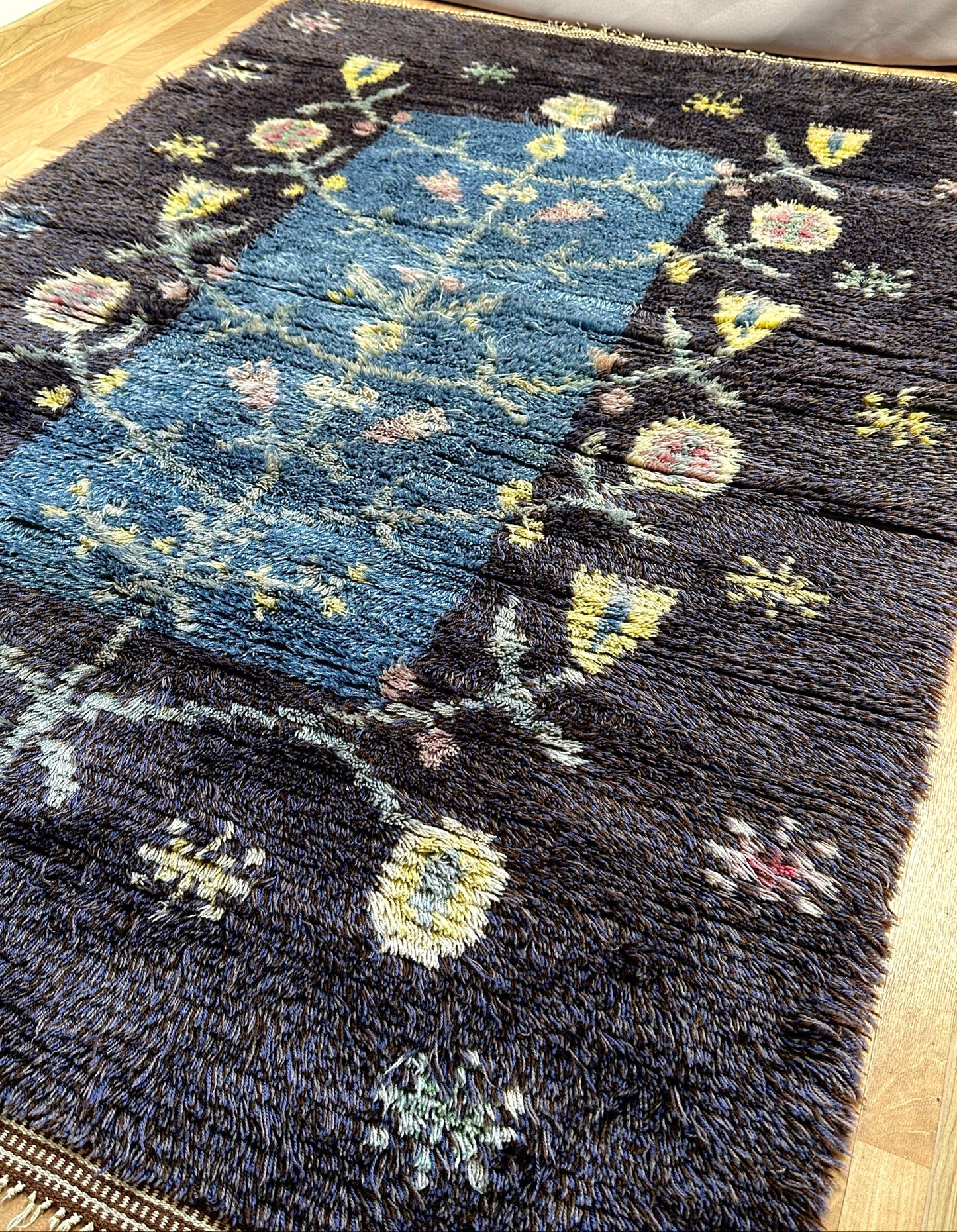 Large Vintage Rya Rug in Blue | 4'9 x 6'9