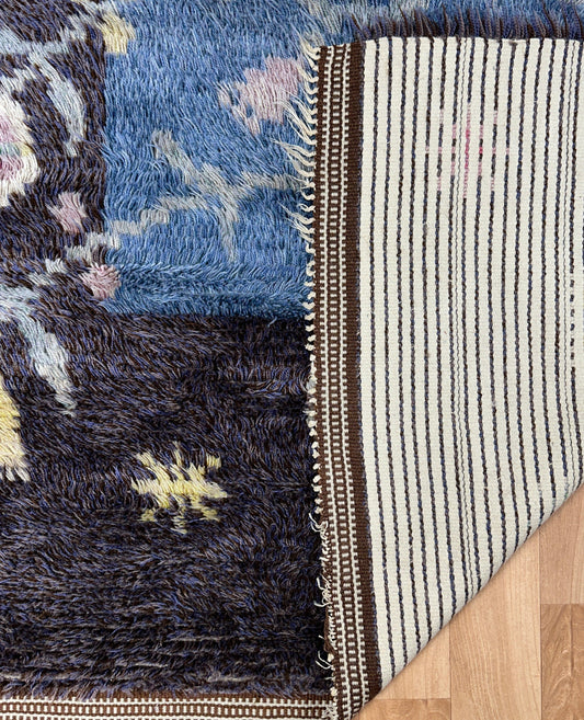 Large Vintage Rya Rug in Blue | 4'9 x 6'9