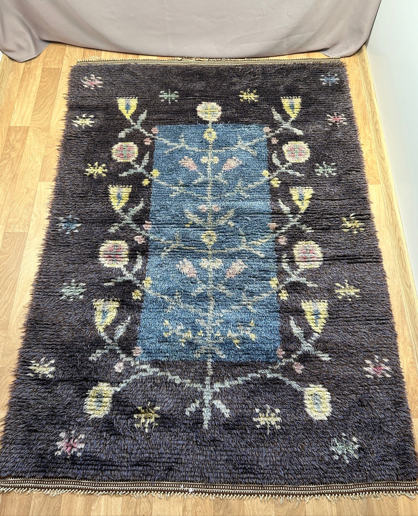 Large Vintage Rya Rug in Blue | 4'9 x 6'9