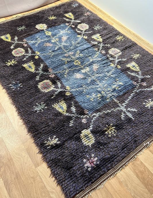 Large Vintage Rya Rug in Blue | 4'9 x 6'9